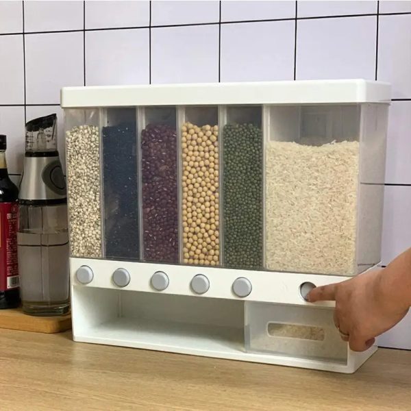 Wall-Mounted Dry Food Dispenser 6-Grid Cereal Dispensers Food Storage Container Kitchen Storage Tank